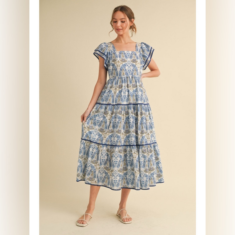JODIFL Blue and Cream Midi Dress